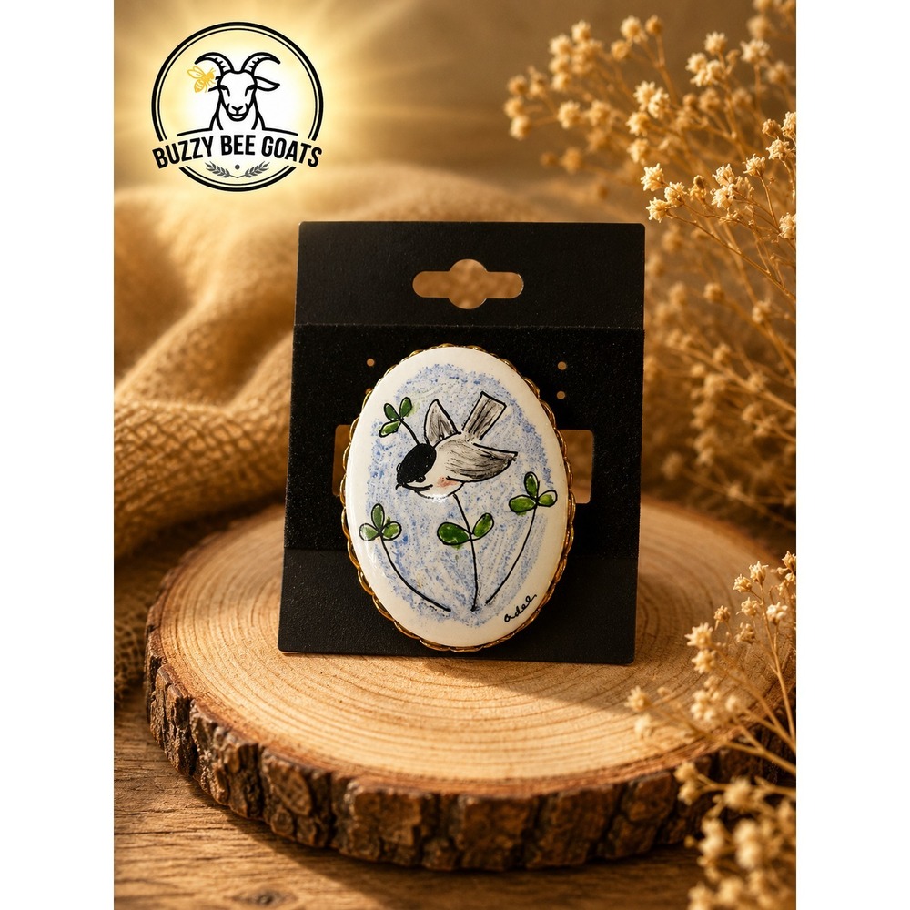 VINTAGE HAND PAINTED CHICKADEE BIRD ENAMEL BROOCH PIN GOLD TONE SIGNED